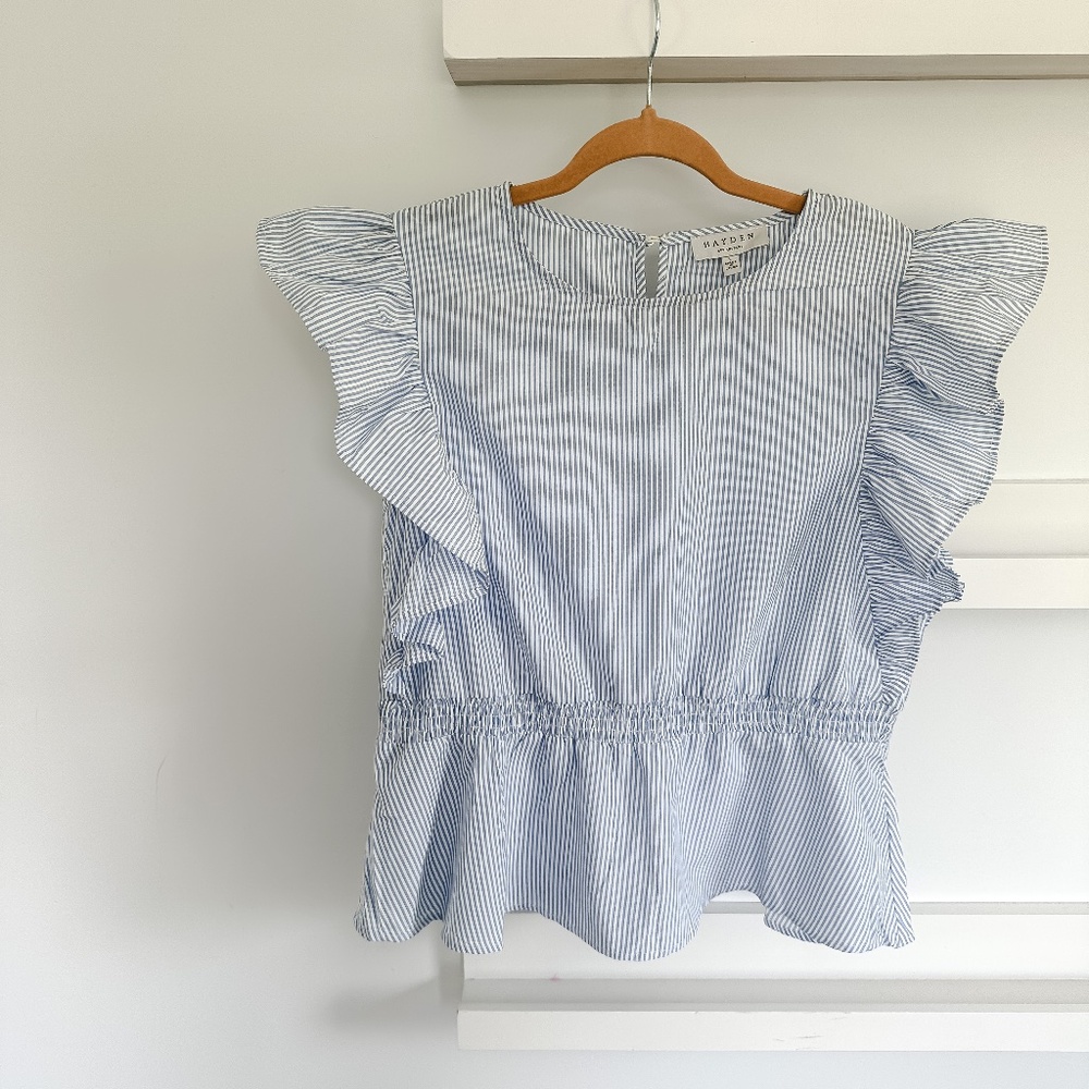 Hayden Los Angeles Blue & White Stripe Flutter Sleeve Tank Top